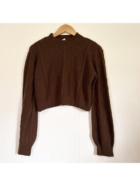IJoah Brown Chunky Cable Knit Long Sleeve Cropped Sweater Women's Large